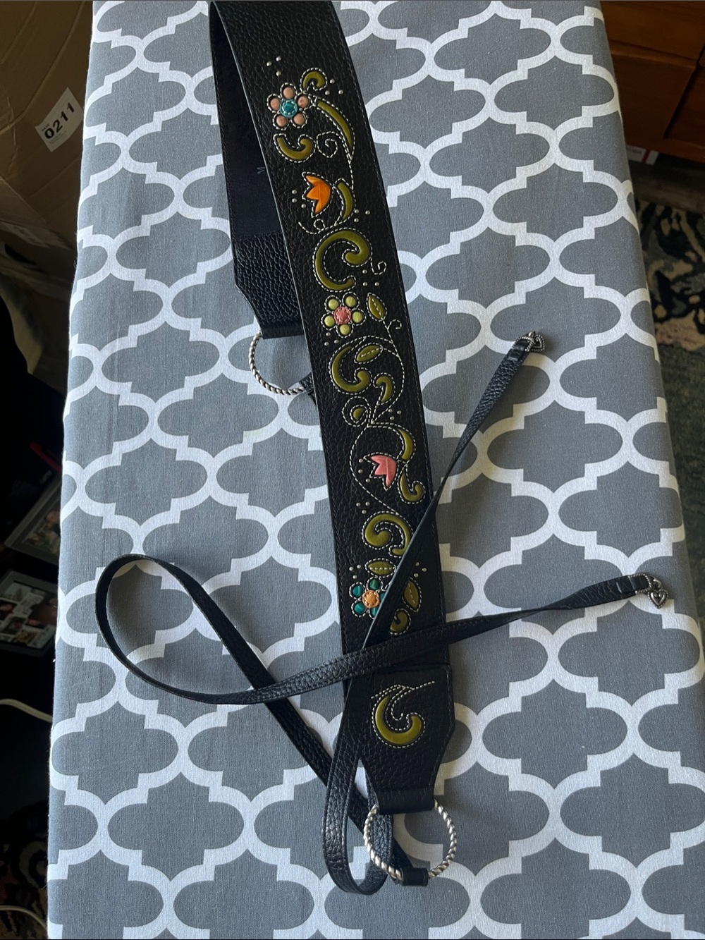 Brighton Black Leather Belt Embellished W/Embroidery Silver Studs & TiesW/Hearts